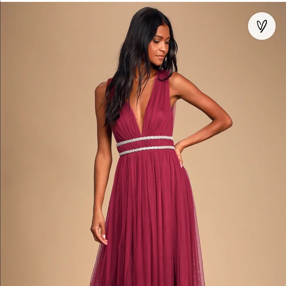 Delightful occasion burgundy beaded tulle maxi dress. Never worn with tags
